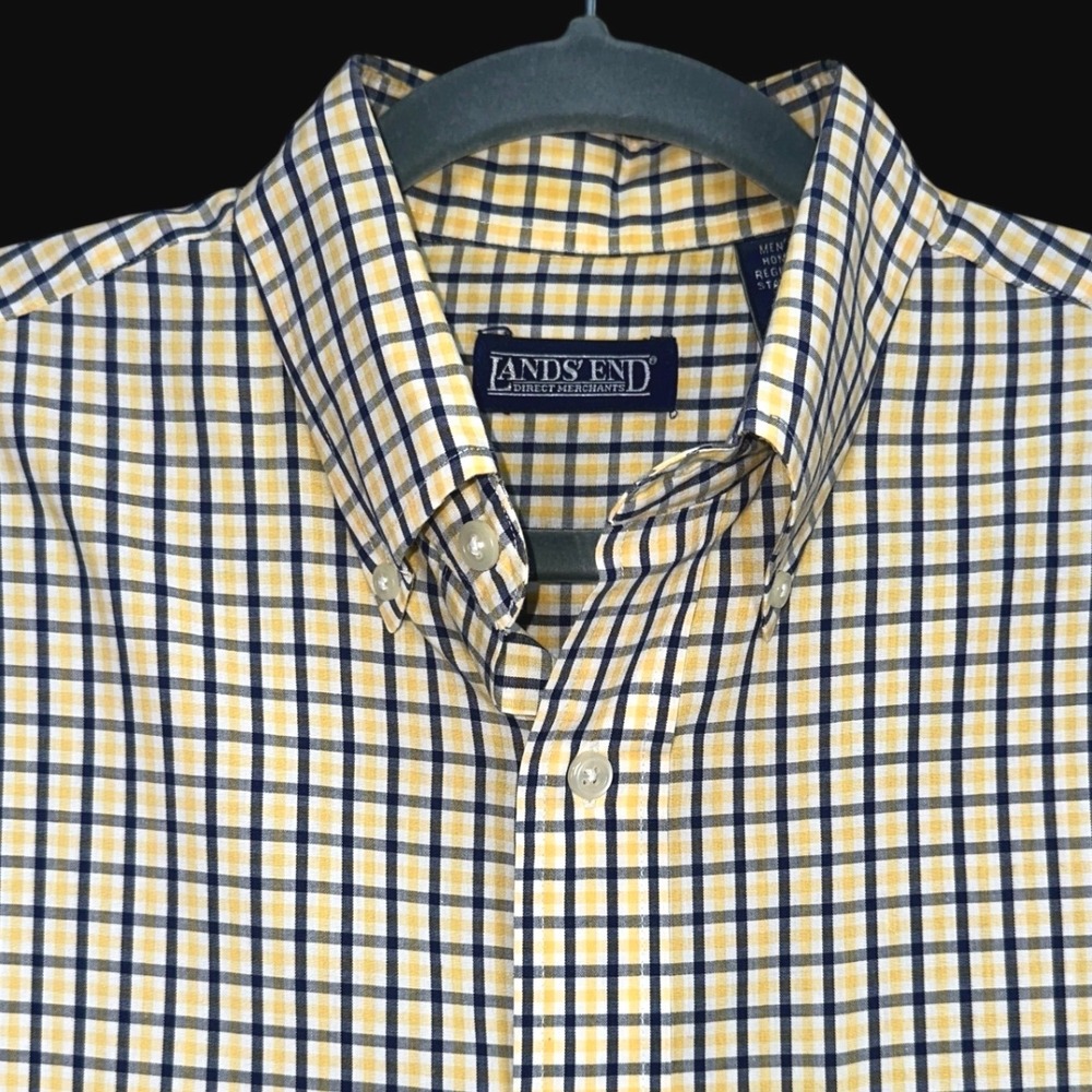 Lands End Mens Short Sleeve Button Down Shirt‎ Yellow Navy Check Plaid Medium
